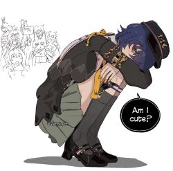  6+girls absurdres animal_ears aurelia_academy_school_uniform belle_(brilliance_of_stars)_(zenless_zone_zero) belle_(zenless_zone_zero) black_hat black_shoes black_sweater blue_hair commentary english_text fox_ears fox_girl from_side green_eyes green_skirt hand_fan hat highres holding holding_fan holding_sign hoshimi_miyabi looking_at_viewer multiple_girls necktie official_alternate_costume pointy_ears promeia_(zenless_zone_zero) pyrois_(zenless_zone_zero) school_uniform shoes short_hair sign simple_background skirt speech_bubble squatting sweater velina_airgid vivian_banshee white_background yellow_nails yellow_necktie yixuan_(zenless_zone_zero) zanqi zenless_zone_zero 