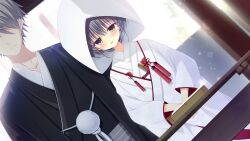  1boy 1girl black_eyes black_hair black_kimono box closed_mouth collarbone da_capo da_capo_v day dutch_angle game_asset hakama highres japanese_clothes kimono kisaragi_yuu_(kisaragiyu) non-web_source official_art open_mouth short_hair side-by-side table tokisaka_yukina uchikake very_short_hair visual_novel_cg wataboushi wedding white_kimono 