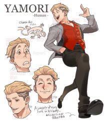  1boy blonde_hair closed_eyes closed_mouth collared_shirt commentary_request grey_jacket inukura jacket male_focus open_mouth original pants pectoral_cleavage pectorals red_shirt running shirt shoes simple_background smile undercut white_background yellow_eyes 