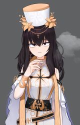  1girl arm_ribbon bags_under_eyes bare_shoulders bebetang belt black_belt brown_eyes brown_hair cape cigarette commentary cross cross_fitchy cross_patonce dress dungeon_and_fighter earrings elbow_gloves facing_viewer female_crusader_(dungeon_and_fighter) female_priest_(dungeon_and_fighter) gloves gold_ribbon gold_trim greek_cross grey_background hat high_collar highres jewelry latin_cross laurel_crown long_hair looking_at_viewer looking_up military military_uniform mitre o-ring parted_lips pendant ribbon sanpaku sidelocks simple_background sleeveless sleeveless_dress smoking solo stole straight-on white_cape white_dress white_gloves white_hat wings 