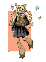 1girl animal_ears antlers black_shirt black_sleeves blonde_hair buck_teeth checkered_clothes checkered_sweater_vest checkered_vest commentary deer_antlers deer_ears deer_girl deltarune english_commentary freckles furry furry_female highres hooves horns kuropin leg_up long_hair looking_to_the_side noelle_holiday pleated_skirt reindeer_girl shirt simple_background skirt smile solo standing standing_on_one_leg star_(symbol) teeth two-tone_sweater_vest utdr_(toby_fox) vest white_background 