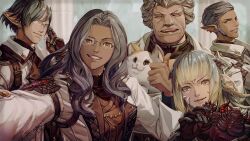  2girls 3boys au_ra black_gloves black_hair closed_eyes commentary dark-skinned_female dark-skinned_male dark_skin dragon_horns elezen elf english_commentary fat_cat_(ff14) final_fantasy final_fantasy_xiv glasses gloves grey_hair highres horns hyur lab_coat long_hair looking_at_viewer mihira_(tainosugatayaki) multiple_boys multiple_girls open_mouth pointy_ears rimless_eyewear roegadyn short_hair smile white_scales 