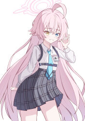  1girl absurdres ahoge black_skirt blue_archive blue_eyes blue_necktie blush collared_shirt commentary_request cowboy_shot crossed_bangs grin hair_between_eyes halo hand_up heterochromia highres hoshino_(blue_archive) long_hair long_sleeves looking_at_viewer miniskirt necktie pink_hair pink_halo pleated_skirt shirt simple_background skirt smile tuchim white_background white_shirt yellow_eyes 