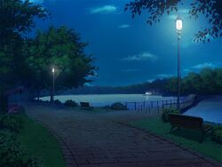  bench brick_floor bridge building bush clouds cloudy_sky dock game_asset grass lake lamp lamppost night no_humans non-web_source official_art outdoors park park_bench path pavement pier railing road scenery self-datamine sky star_(sky) starry_sky suisei_tenshi_primaveil_zwei tree visual_novel_cg water 