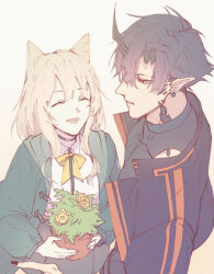  1boy 1girl :d ^_^ animal_ears arknights black_hair black_jacket black_nails black_shirt blonde_hair bow bowtie closed_eyes collared_shirt commentary_request demon_boy demon_horns dog_ears dog_girl dry-er flamebringer_(arknights) flower flower_pot green_jacket holding horns infection_monitor_(arknights) jacket long_hair long_sleeves looking_at_another material_growth open_clothes open_jacket open_mouth oripathy_lesion_(arknights) plant podenco_(arknights) pointy_ears potted_plant red_eyes shirt short_hair skirt smile white_shirt yellow_bow yellow_bowtie yellow_flower 