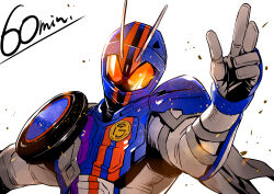  1boy commentary_request compound_eyes hand_up kamen_rider kamen_rider_drive_(series) kamen_rider_mach kamen_rider_mach_chaser looking_at_viewer male_focus parashima_tenko simple_background solo upper_body white_background 