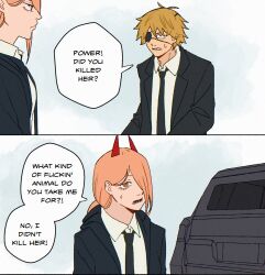  1boy 1girl black_necktie blonde_hair car chainsaw_man commentary crosshair_pupils demon demon_horns denji_(chainsaw_man) english_commentary eyepatch grand_theft_auto grand_theft_auto_v hair_over_eyes highres horns motor_vehicle necktie power_(chainsaw_man) red_horns rinneko_art scene_reference shirt speech_bubble sports_utility_vehicle white_shirt yellow_eyes 