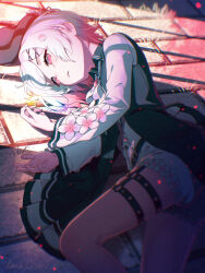  1girl artist_name belt beret black_choker black_coat black_hat center_frills choker coat collared_coat commentary_request cowboy_shot flower flower-trimmed_sleeves frills gradient_hair hair_ornament hat hat_flower hat_ribbon highres kana_ami long_sleeves lying mahou_shoujo_no_majo_saiban multicolored_hair neck_ribbon o-ring o-ring_thigh_strap pink_eyes pink_hair ribbon sakuraba_ema shirt short_hair signature sleeveless sleeveless_coat solo thigh_strap white_flower white_hair white_ribbon white_shirt white_sleeves x_hair_ornament 