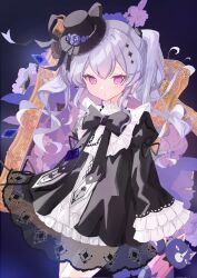  1girl acid_(maimai) bib_collar black_bow black_dress bow bowtie closed_mouth collar commentary cowboy_shot diamond_hair_ornament dress frilled_collar frilled_dress frilled_sleeves frills gothic_lolita grey_hair hair_ornament hat highres holding holding_stuffed_toy layered_dress lolita_fashion long_hair long_sleeves looking_at_viewer maimai_(game) mini_hat mini_top_hat neck_ribbon picture_frame purple_background ribbon solo stuffed_animal stuffed_cat stuffed_toy top_hat twintails violet_eyes wide_sleeves youkai_(melticecre4m) 