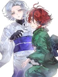  2boys absurdres alternate_costume alternate_hair_length_(longer) anger_vein antenna_hair aotsuki_eito black_gloves black_hair blue_sash commentary curtained_hair earrings eyelashes frilled_kimono frills glint gloves green_kimono grey_eyes hair_between_eyes highres japanese_clothes jewelry kimono liningne male_focus multicolored_hair multiple_boys obi red_hair sash short_hair simple_background streaked_hair sumino_takumi the_hundred_line_-last_defense_academy- turtleneck two-tone_hair untranslatable_commentary violet_eyes white_background white_kimono 