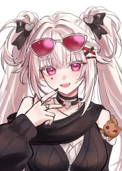  1girl :d bare_shoulders black_choker blunt_bangs braid breasts choker commentary eyewear_on_head fang hair_ornament heart heart_in_eye highres honkai:_star_rail honkai_(series) jewelry long_hair long_sleeves looking_at_viewer medium_breasts multicolored_nails necklace official_alternate_costume official_alternate_hairstyle pink_eyes ring sidelocks simple_background smile solo sparkle_(honkai:_star_rail) sparxie_(candy-coated_waves)_(honkai:_star_rail) sparxie_(honkai:_star_rail) ssamsa0404 stuffed_animal stuffed_toy sunglasses symbol_in_eye teddy_bear twintails two_side_up untranslatable_commentary upper_body very_long_hair w white_background white_hair x_hair_ornament 