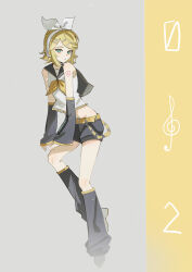  1girl absurdres aqua_eyes bare_shoulders belt black_sailor_collar black_shorts black_sleeves blonde_hair bow breasts commentary_request detached_sleeves full_body hair_bow hair_ornament hairclip headphones highres kagamine_rin leg_warmers looking_at_viewer midriff navel neckerchief number_tattoo parallel_hairclips royorunn sailor_collar shirt short_hair shorts simple_background sleeveless sleeveless_shirt small_breasts tattoo treble_clef vocaloid white_background white_bow yellow_belt yellow_nails yellow_neckerchief yellow_trim 