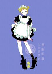  1girl apron aqua_eyes asagiwa_ico black_dress black_shoes black_socks blue_background blush closed_mouth commentary_request double_bun dress eyelashes fingernails forehead hair_bun hand_on_own_hip high_heels highres maid maid_headdress original puffy_short_sleeves puffy_sleeves shoes short_hair short_sleeves simple_background smile socks solo watermark white_apron white_headdress 