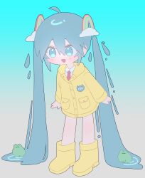 1girl 400w absurdres adapted_hairstyle ahoge alternate_costume aqua_background aqua_eyes aqua_hair boots buttons cloud_hair_ornament coat commentary_request double-parted_bangs frog gradient_background hair_between_eyes hair_ornament hatsune_miku highres korean_commentary light_blush name_tag necktie open_mouth pocket rain rainbow_hair_ornament raincoat raincoat_miku red_necktie rubber_boots shirt solo twintails vocaloid water water_drop white_shirt yellow_boots yellow_coat yellow_raincoat 