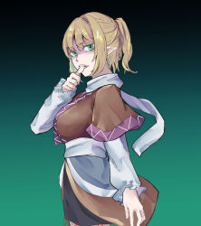  1girl arm_at_side biting biting_own_finger black_background blonde_hair breasts brown_shirt commentary_request cowboy_shot from_side gradient_background green_background green_eyes hair_intakes half_updo hand_up highres kanaria_(bcomn) large_breasts long_sleeves looking_at_viewer medium_hair mizuhashi_parsee pointy_ears ponytail sash scarf shaded_face sharp_teeth shirt sidelocks simple_background solo teeth touhou white_sash white_scarf 