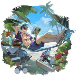  1boy abs angel anklet arknights arm_behind_head bare_legs barefoot beach black_eyes black_hair black_swim_trunks blue_shorts bodypaint bracelet clouds cloudy_sky cocktail cooler crossed_legs day dumbbell english_text feet flower flower_necklace food full_body hair_between_eyes hammock hawaiian_shirt highres holding holding_magazine ice ice_cube innertube insider_(arknights) insider_(holiday)_(arknights) jewelry lei looking_at_viewer lower_teeth_only lying magazine_(object) multiple_bracelets muscular muscular_male necklace ocean official_alternate_costume official_art on_back on_hammock open_clothes open_mouth open_shirt outdoors palm_tree palm_tree_print pillow purple_shirt radio reading salad_bowl sandals shirt short_hair short_sleeves shorts sky slides smile solo swim_ring swimsuit swimsuit_under_clothes table tachi-e teeth third-party_source transparent_background tree watch watch water_gun wooden_table yszx 