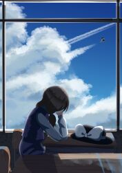  2girls absurdres black_hat bow broom broom_riding brown_hair classroom clouds cloudy_sky commentary_request day desk facing_away gasubanana hand_on_own_cheek hand_on_own_face hat hat_bow hat_ribbon head_rest highres imagining indoors kirisame_marisa long_hair long_sleeves looking_outside low_twintails multiple_girls no_lineart plaid_clothes plaid_vest purple_skirt purple_vest ribbon school_desk shirt sitting skirt skirt_set sky touhou twintails unworn_hat unworn_headwear usami_sumireko vest white_bow white_ribbon white_shirt wide_shot window 