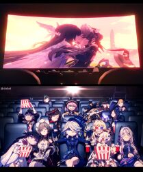  2boys 3d absolute_cinema_(meme) artist_name black_gloves blue_eyes blue_hair blue_hat blue_pupils bonnet brown_hair charlotte_(genshin_impact) chevreuse_(genshin_impact) chiori_(genshin_impact) citlali_(genshin_impact) clorinde_(genshin_impact) columbina_(genshin_impact) commentary crying dress eating emilie_(genshin_impact) english_commentary eyepatch food furina_(genshin_impact) genshin_impact gloves green_hat hat hat_ornament head_wings highres hydro_symbol_(genshin_impact) kiss littleredhoodd lumine_(genshin_impact) maid_headdress meme movie_theater multicolored_hair multiple_boys multiple_girls navia_(genshin_impact) paimon_(genshin_impact) pink_hair popcorn sandrone_(genshin_impact) violet_eyes watching_movie white_gloves white_hair wings yuri 