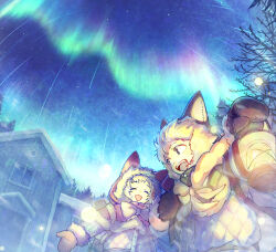  1boy 1girl :d absurdres animal_ear_hood aurora blonde_hair bow bowtie brown_eyes brown_mittens building capelet closed_eyes coat commentary_request conifer fangs fur-trimmed_capelet fur-trimmed_coat fur_trim green_capelet highres holding holding_lantern hood karugamohouse lantern lens_flare medium_hair mittens original outdoors pink_capelet shooting_star sideways_glance skin_fangs sky smile star_(sky) starry_sky tree white_bow white_bowtie white_coat 