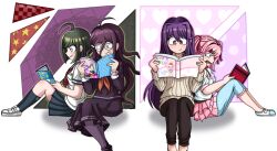  4girls ahoge black_pants blue_pants blue_sky blue_socks blush book breast_pocket bright_pupils casual closed_mouth collared_shirt commentary crossover danganronpa_(series) danganronpa_another_episode:_ultra_despair_girls doki_doki_literature_club east-west_crossover english_commentary fang feet_out_of_frame from_side fukawa_toko glasses green_eyes green_hair green_outline hair_between_eyes hair_intakes hair_ornament hair_ribbon hairclip holding holding_book holding_manga lazerdrawsthings long_hair long_sleeves manga_(object) mole mole_under_mouth multiple_girls naegi_komaru natsuki_(doki_doki_literature_club) neckerchief necktie official_alternate_costume open_book outline pants pantyhose pink_outline pink_skirt pocket purple_outline purple_pantyhose purple_serafuku purple_shirt purple_shoes purple_skirt reading red_neckerchief red_necktie red_ribbon ribbon round_eyewear school_uniform serafuku shadow shirt shoes short_hair short_sleeves sitting skirt skirt_set sky smile socks sweater transparent_background two_side_up very_long_hair violet_eyes white_pupils white_shirt white_shoes white_sweater yuri_(doki_doki_literature_club) 