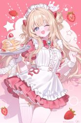  0kizakura 1girl apron blonde_hair blue_eyes blush commentary_request cowboy_shot dress food frilled_dress frills fruit highres holding holding_plate looking_at_viewer maid maid_apron maid_headdress one_eye_closed open_mouth original pancake pancake_stack pink_background pink_dress plate puffy_short_sleeves puffy_sleeves short_sleeves single_thighhigh smile solo star_(symbol) strawberry thigh-highs wrist_cuffs 