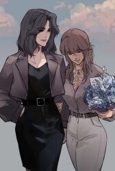 2girls absurdres alternate_costume belt black_dress black_hair blue_flower blue_sky bouquet brown_hair brown_jacket brown_shirt bushidaimo chest_tattoo clair_obscur:_expedition_33 closed_eyes clouds commentary_request contemporary cowboy_shot cropped_jacket day dress dress_under_shirt facial_tattoo flower grabbing_another's_arm hand_in_pocket highres holding holding_bouquet jacket lune_(expedition_33) medium_hair multiple_girls open_clothes open_jacket pants scar scar_on_face scar_on_nose sciel_(expedition_33) shirt sky smile standing tattoo white_pants yuri 