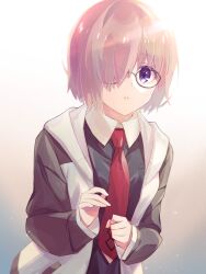  1girl aopix_001 black-framed_eyewear black_dress black_shirt collared_shirt commentary_request dress fate/grand_order fate_(series) glasses gradient_background grey_jacket hair_over_one_eye highres hood hooded_jacket jacket long_sleeves looking_at_viewer mash_kyrielight multicolored_jacket necktie open_clothes open_jacket parted_lips pink_hair red_necktie shirt short_hair solo upper_body violet_eyes white_jacket 