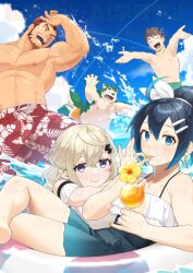  2girls 3boys adversarial_noise akashi_(live_a_hero) animal_ears antenna_hair arm_up blonde_hair blue_eyes blue_hair brown_hair closed_eyes closed_mouth commentary_request cup dog_boy dog_ears dog_tail drinking drinking_straw drinking_straw_in_mouth earrings eyeshadow facial_hair falling floral_print forked_eyebrows goatee gradient_hair green_male_swimwear hair_between_eyes hair_bun hair_ornament hair_ribbon hairclip holding holding_cup holding_drinking_straw jewelry large_pectorals lightning_bolt_hair_ornament lightning_bolt_symbol live_a_hero long_sideburns looking_at_another makeup male_protagonist_(live_a_hero) male_swimwear masa_(mshk_s) melide_(live_a_hero) mokdai_(live_a_hero) multicolored_hair multiple_boys multiple_girls muscular muscular_male navel one_eye_closed open_mouth pectorals red_eyes red_hair red_male_swimwear ribbon scar scar_on_cheek scar_on_face short_hair sideburns smile splashing sui_(live_a_hero) swim_trunks tail tanlines thick_eyebrows topless_male violet_eyes wading white_ribbon yellow_eyeshadow yellow_male_swimwear yellow_nails 