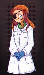  1girl alternate_costume alternate_universe art_fight_attack blue_eyes blue_gloves brown_background closed_mouth coat commentary diana_(kyokugen_dasshutsu) english_commentary eyelashes eyepatch flower freckles gift_art gloves hair_flower hair_ornament highres kyokugen_dasshutsu lab_coat long_eyelashes long_hair long_sleeves luckyclover333 orange_hair own_hands_together red_flower solo turtleneck white_coat zero_escape:_toki_no_dilemma 