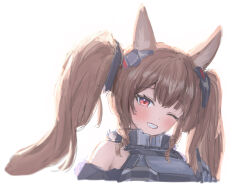  1girl :d angelina_(arknights) animal_ears arknights arknights:_endfield brown_hair commentary_request cropped_shoulders diamond-shaped_pupils diamond_(shape) dot_nose dress fox_ears fox_girl gilberta_(arknights) grey_dress grin headgear high_collar highres long_hair looking_at_viewer natsumeg one_eye_closed red_eyes simple_background sleeveless sleeveless_dress smile solo symbol-shaped_pupils twintails upper_body very_long_hair white_background 