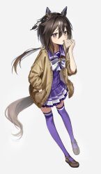  1girl animal_ears black_hair blush bow bowtie brown_cardigan brown_eyes brown_hair brown_shoes cardigan commentary ear_covers food hair_between_eyes highres holding holding_food holding_sandwich horse_ears horse_girl horse_tail long_hair looking_at_viewer multicolored_hair open_cardigan open_clothes parted_lips pleated_skirt purple_sailor_collar purple_serafuku purple_shirt purple_skirt purple_thighhighs s2eoyu_ul sailor_collar sailor_shirt sandwich school_uniform serafuku shirt shoes skirt solo stay_gold_(umamusume) streaked_hair tail thigh-highs tracen_school_uniform umamusume untranslatable_commentary white_bow white_bowtie white_hair 