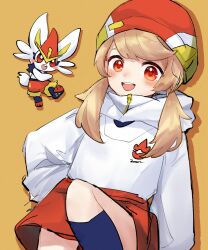  1girl :d blonde_hair blue_socks blush cinderace commentary drop_shadow foot_out_of_frame highres hood hood_down hoodie knee_up kneehighs long_hair long_sleeves looking_at_viewer low_twintails miniskirt necoyu_(yuyudomino) open_mouth pokemon pokemon_(creature) red_eyes red_skirt simple_background skirt smile socks twintails white_hoodie yellow_background zipper 