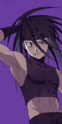  1boy absurdres black_hair black_headband commentary_request covered_abs crazy_smile envy_(fma) fullmetal_alchemist half-closed_eye hand_in_own_hair headband highres jungeoljungeol korean_commentary long_hair male_focus navel pectorals smile solo toned toned_male upper_body violet_eyes 