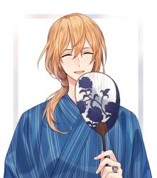  1boy :d ^_^ blue_kimono closed_eyes commentary_request facing_viewer floral_print hair_between_eyes hair_over_shoulder hand_fan hand_up holding holding_fan japanese_clothes jewelry kimono low_side_ponytail masami_(souzou_jinsei_sanka) medium_hair namu_amida_butsu!rendai_utena ornate_ring paper_fan pinstripe_pattern ring rose_print side_ponytail simple_background smile solo striped_clothes striped_kimono uchiwa upper_body white_background yukata 