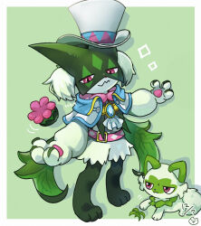  belt border closed_mouth commentary_request dated drop_shadow full_body furry green_background green_vest hat highres looking_at_viewer meowscarada necoyu_(yuyudomino) outside_border pink_belt pokemon pokemon_(creature) red_eyes simple_background sprigatito standing vest white_border white_hat 