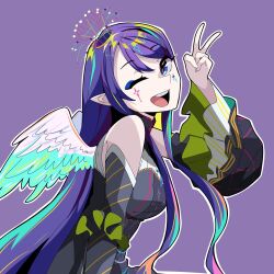  1girl aqua_eyes aqua_hair aqua_streaks bare_shoulders blue_eyeshadow commentary detached_sleeves english_commentary eyelashes eyeshadow facial_mark feathered_wings highres ibnuhawari long_hair long_sleeves makeup multicolored_hair nexas_(vtuber) one_eye_closed open_mouth outline pointy_ears purple_background purple_hair reverie_(nexas) second-party_source sidelocks simple_background smile solo streaked_hair teeth upper_teeth_only v virtual_youtuber white_outline wings 