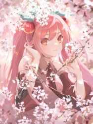  1girl absurdres alternate_color aopix_001 bare_shoulders blurry blurry_background branch cherry_blossoms cherry_hair_ornament collared_shirt depth_of_field detached_sleeves flower food-themed_hair_ornament hair_between_eyes hair_ornament hands_up hatsune_miku highres holding long_hair looking_at_viewer necktie petals pink_eyes pink_flower pink_hair pink_sleeves sakura_miku shirt sleeveless sleeveless_shirt smile solo twintails upper_body very_long_hair vocaloid wide_sleeves 