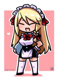  1girl apron black_dress black_shoes blonde_hair blush bow braid breasts closed_eyes commentary_request cookie_(touhou) dated dress enmaided hair_bow heart highres itini-sanshi kirisame_marisa long_hair maid maid_headdress medium_breasts open_mouth pink_background red_bow shoes side_braid single_braid smile solo suzu_(cookie) thigh-highs touhou two-tone_background white_apron white_background white_thighhighs 