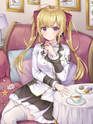  1girl absurdres bird black_skirt blazer blonde_hair bow bowtie breasts buckle buttons closed_mouth collared_jacket collared_shirt commentary contrast_lapels couch cowboy_shot crest cup daisy_(flower) dot_nose double-breasted fingernails flower food frilled_skirt frills gold_buckle hair_bow hand_on_table happy highres holding holding_food jacket knees lamp lapels large_breasts layered_sleeves light_blush light_smile long_hair long_sleeves looking_at_viewer macaron miniskirt nijisanji notched_lapels on_couch painting_(object) petals pillow pink_bow plate pocket poe_(528yuzunon) purple_flower saucer shirt sitting skirt sleeve_cuffs solo takamiya_rion takamiya_rion_(1st_costume) tea teacup thigh-highs twintails violet_eyes virtual_youtuber wavy_hair white_bow white_bowtie white_flower white_jacket white_shirt white_thighhighs yellow_flower zettai_ryouiki 