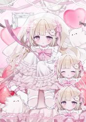  1girl :d :q absurdres artist_name blonde_hair blunt_bangs blush bow bowtie closed_eyes closed_mouth commentary_request commission commissioner_name dress food food_on_face fruit full_body ghost ghost_hair_ornament hair_bow hair_ornament heart highres kneeling long_hair long_sleeves looking_at_viewer multiple_views open_mouth original outline over-kneehighs pink_bow pink_bowtie pink_eyes pink_shoes satou_uyu shoes sleeves_past_fingers sleeves_past_wrists smile strawberry thigh-highs tongue tongue_out twitter_username white_dress white_outline white_thighhighs 