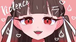  1girl :d absurdres baio_rin blunt_bangs brown_hair commentary dinisgraff english_commentary english_text gradient_hair hair_ornament hair_ribbon hairclip heart highres kimi_no_koto_ga_dai_dai_dai_dai_daisuki_na_100-nin_no_kanojo looking_at_viewer multicolored_hair open_mouth parody pink_background portrait red_eyes red_hair ribbon sharp_teeth simple_background smile solo straight-on style_parody teeth twintails white_ribbon 