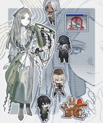  3girls anil_(reverse:1999) animal_head bird_boy black_coat black_hair black_pants blue_eyes boots brown_eyes brown_hat brown_jacket brown_pants chibi chibi_inset coalwall coat commentary_request dress elbow_gloves garrison_cap gloves green_vest grey_boots grey_eyes grey_hair gun hair_ornament hand_up hat holding holding_gun holding_weapon jacket larisa_(reverse:1999) long_dress long_hair lorentz_butterfly ludwig_(reverse:1999) mouse_(animal) multiple_girls pants pixel_art red_hair reverse:1999 single_elbow_glove sombrero standing the_perezes_(reverse:1999) vest weapon white_dress white_hair window_(computing) xjsbca yellow_gloves 