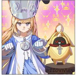  1girl 1other blonde_hair blue_jacket blush closed_mouth commentary english_commentary gloves grey_hat grey_helmet hat helmet highres jacket large_hat long_hair looking_at_viewer norma_hollowell shako_cap twitter_username upper_body violet_eyes white_gloves zenless_zone_zero zz0vivianart 