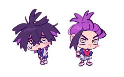  2boys blush_stickers chibi commentary_request crossed_bangs dual_persona frown hair_between_eyes holding holding_poke_ball jacket jungeol_(p_oxo7) kieran_(pokemon) korean_commentary male_focus multicolored_hair multiple_boys necktie off_shoulder poke_ball poke_ball_(basic) pokemon pokemon_scarlet_and_violet ponytail purple_hair red_necktie red_tank_top serious shoes shorts single_blush_sticker tank_top tearing_up two-tone_hair v-shaped_eyebrows white_jacket white_shoes white_shorts yellow_eyes 