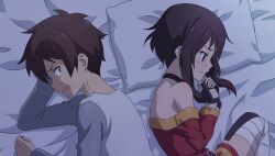  1boy 1girl bandaged_leg bandages bed_sheet belt black_choker black_gloves blush brown_belt brown_hair brown_thighhighs choker clenched_hand closed_mouth constricted_pupils dress fingerless_gloves game_asset gloves green_eyes grey_shirt hand_on_own_head highres kono_subarashii_sekai_ni_shukufuku_wo! kono_subarashii_sekai_ni_shukufuku_wo!_kono_yokubukai_game_ni_shinpan_o! long_sleeves looking_at_another looking_down lying megumin multicolored_skirt night non-web_source off-shoulder_dress off_shoulder official_art on_bed on_side own_hands_together pillow red_dress red_eyes satou_kazuma self-datamine shirt short_hair short_hair_with_long_locks single_thighhigh skirt sweat thigh-highs upper_body v-shaped_eyebrows wavy_mouth white_shirt 