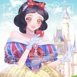  apple black_hair blue_sky border bow brown_eyes castle choker clouds disney dress food fruit hair_bow highres jewelry necklace off-shoulder_dress off_shoulder okitafuji princess puffy_short_sleeves puffy_sleeves short_hair short_sleeves sky snow_white_(disney) snow_white_and_the_seven_dwarfs 