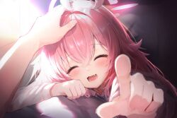  1girl 1other ahoge blue_archive closed_eyes commentary_request facing_viewer fang halo headpat hoshino_(blue_archive) long_hair lying_on_person open_mouth pink_hair pink_halo pointing pointing_at_viewer pov smile touyu_raamenn 