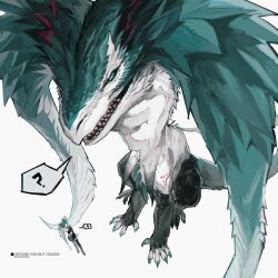  1girl ? animal_focus aqua_claws aqua_eyes aqua_hair claws commentary_request dragon eastern_dragon finger_to_mouth highres index_finger_raised moonagvaze scales spoken_question_mark teeth translation_request twintails vocaloid white_background 