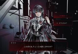  1girl alley black_sailor_collar black_serafuku black_thighhighs grey_neckerchief grey_ribbon highres hime_cut kayoi long_sidelocks mole mole_under_eye muted_colors neckerchief options original pleated_skirt red_eyes sailor_collar school_uniform serafuku sidelocks skirt thigh-highs 