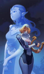  2girls artist_name blonde_hair blue_bodysuit bodysuit chocobodraws circlet closed_eyes closed_mouth commentary commission cowboy_shot dress earrings elbow_gloves english_commentary eye_symbol gloves highres holding_harp jewelry long_hair multiple_girls night pointy_ears princess_zelda sheik sky standing super_smash_bros. the_legend_of_zelda the_legend_of_zelda:_ocarina_of_time triforce 
